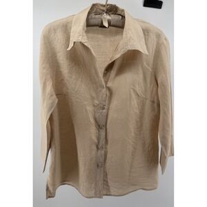 COMO 100% Italian Linen Blouse Medium Beige Button Down 3/4 Sleeve